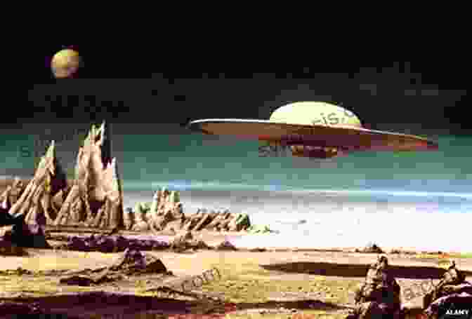 A Vintage Illustration Depicts A Flying Saucer Hovering Over A Darkened City. UFOs THE REAL STORY