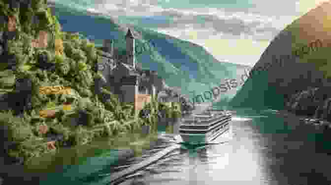 Boat Sailing Along The Majestic Rhine River, Flanked By Towering Cliffs Across Europe In A Motor Boat